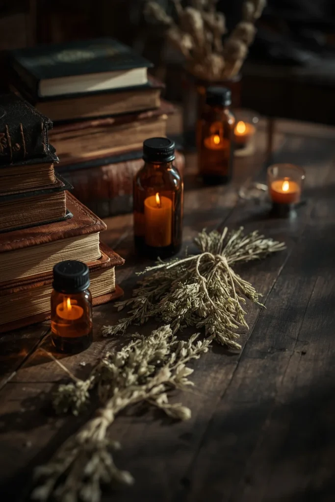  witch's study tablescape shot, featuring stacked worn leather-bound books