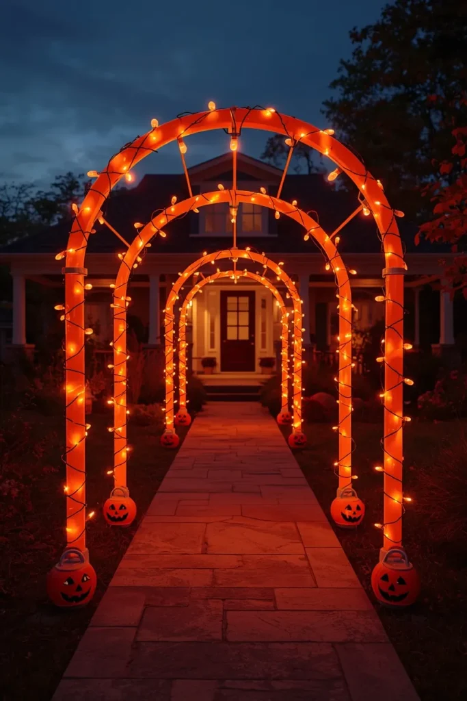 18 Halloween Walkway Ideas That Set the Spooky Mood Early 9 Halloween walkway archway, featuring a glowing PVC pipe arch wrapped in orange string lights