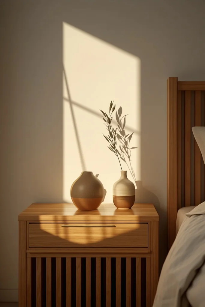  Japandi bedroom nightstand vignette, featuring a slatted light oak nightstand
