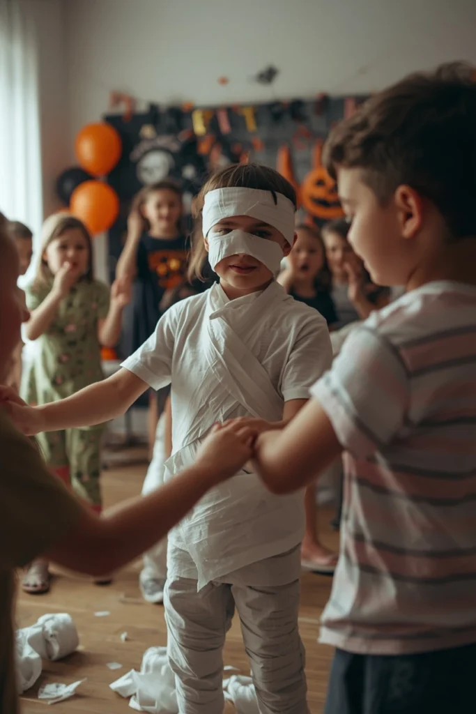  kids Halloween party game, featuring a child partially wrapped in white toilet paper