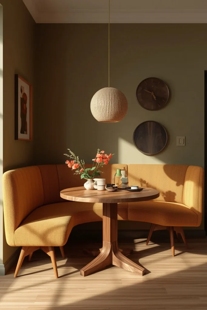 21 Kitchen Banquette Seating Ideas That Make Every Meal Feel Special 9 mid-century kitchen nook, featuring a curved mustard boucle banquette bench with tapered walnut legs