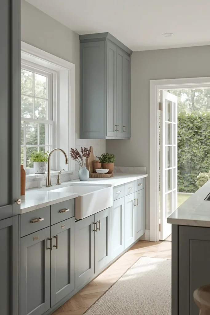 kitchen, featuring dusty blue shaker cabinets, polished nickel hardware, a white marble countertop,