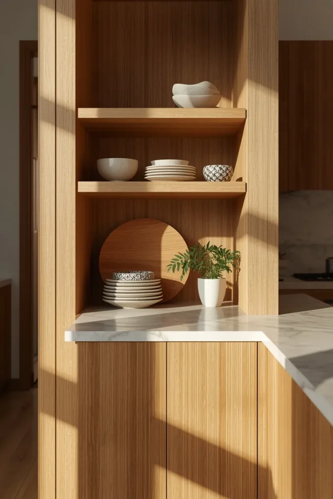  kitchen island, featuring open floating shelves built into one end