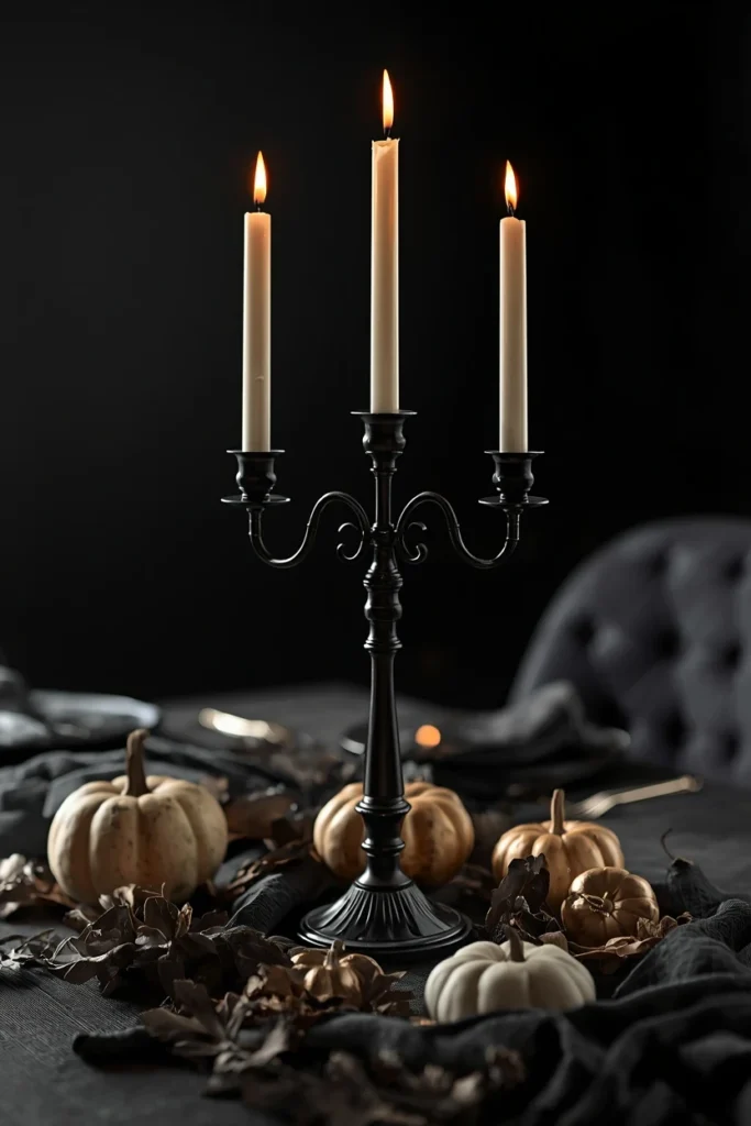 15 Last-Minute Halloween Tablescape Ideas That Look Planned 9 dining table centerpiece, featuring a black metal candelabra holding ivory taper candles