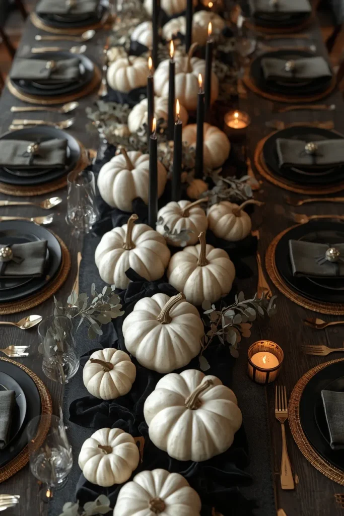  dining table centerpiece, featuring a cluster of white and cream pumpkins 