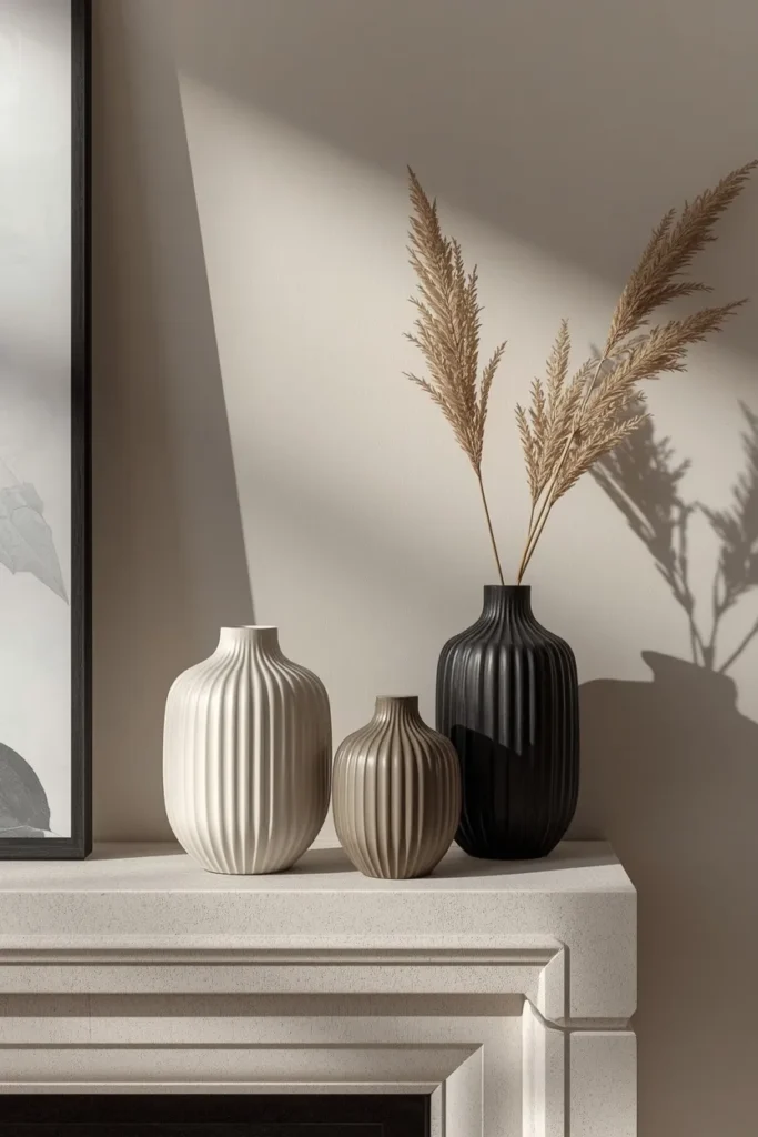 16 Modern Halloween Mantle Decor Ideas That Feel Fresh 9 modern fireplace mantel, featuring three ribbed ceramic vases in bone white