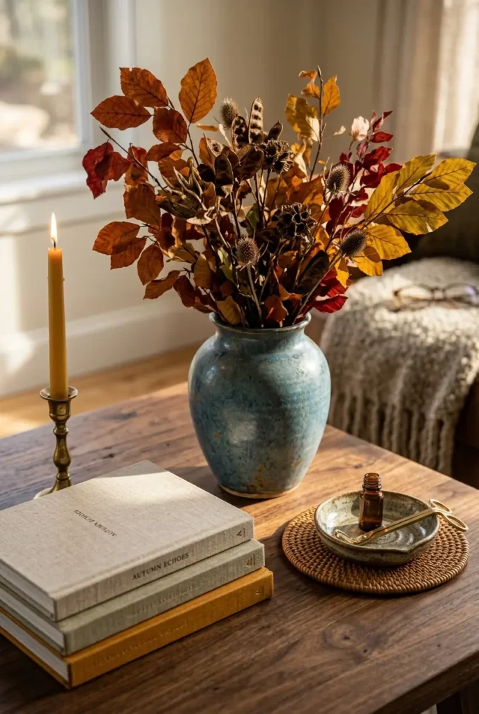 coffee table styling shot, featuring a patina blue ceramic vase filled 