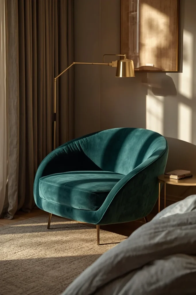  bedroom reading corner, featuring a curved sculptural armchair upholstered