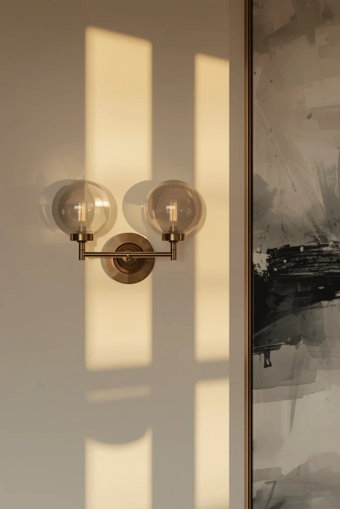  living room wall close-up, featuring a pair of globe sconces on brass backplates
