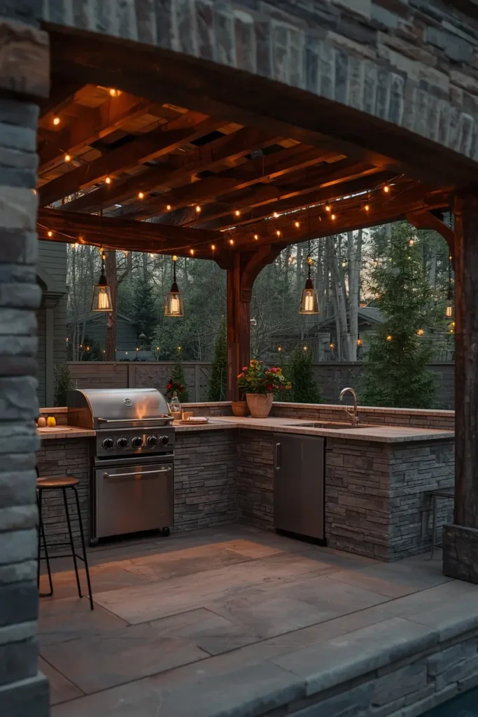  outdoor kitchen under a pergola, featuring a built-in stainless steel grill