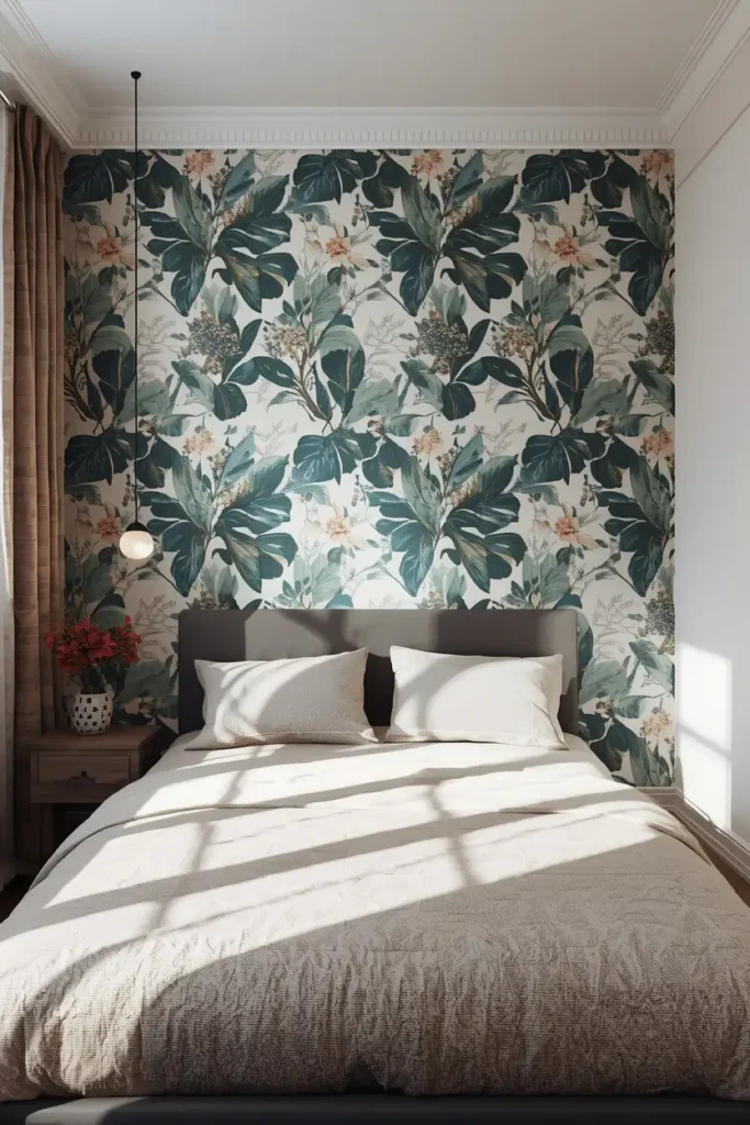  small bedroom, featuring one wall covered in bold peel-and-stick botanical print wallpaper