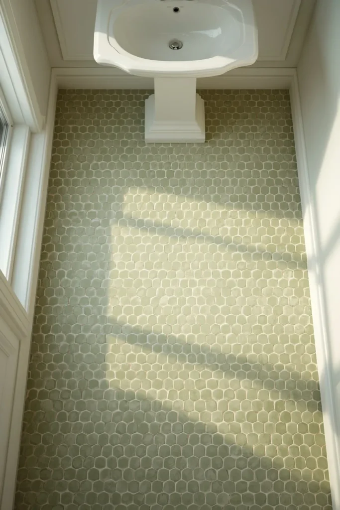 18 Scalloped Tile Ideas for a Soft, Statement-Making Bathroom 9 Image Prompt: Pinterest-style hyper realistic with white grout, white walls and a simple pedestal sink above, warm natural light, high overhead angle capturing the full floor pattern, premium interior photography, natural shadows, ultra detailed, vertical composition, Pinterest aesthetic, photorealistic
