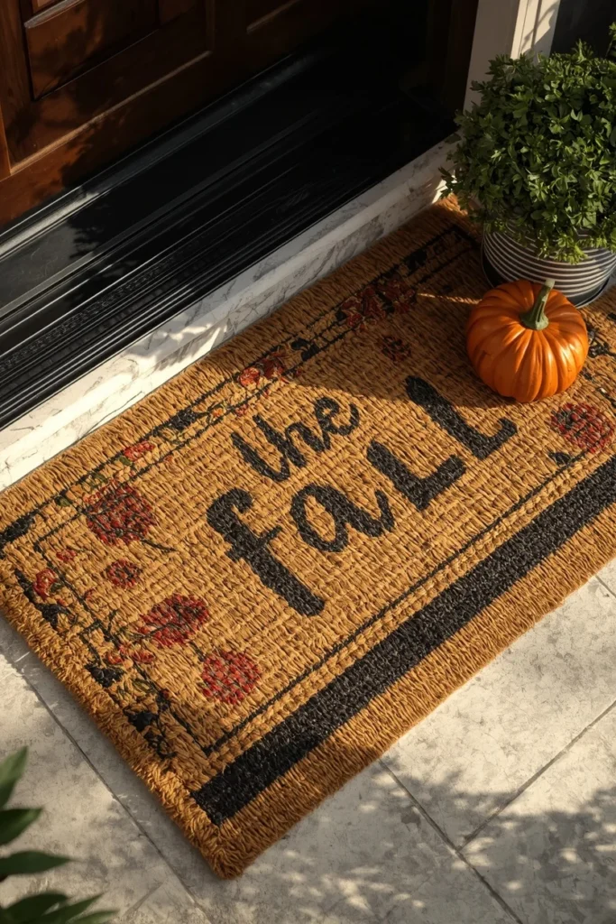 16 Simple Fall Porch Decor Ideas Anyone Can Pull Off This Season 9 front porch entrance close-up, featuring a large jute rug layered beneath a smaller striped fall doormat
