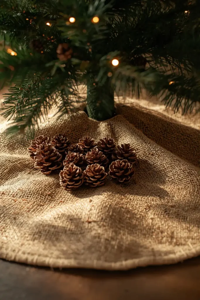 15 Simple Thanksgiving-to-Christmas Tree Transition Ideas 9 Christmas tree base, featuring a burlap tree skirt with a scattering of pinecones