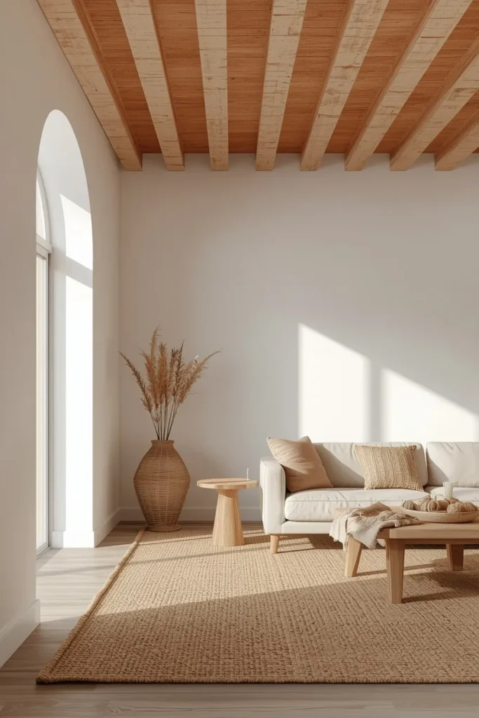 16 Striped Ceiling Ideas to Add Instant Personality Overhead 9 living room, featuring a ceiling striped in warm terracotta and soft linen tones,