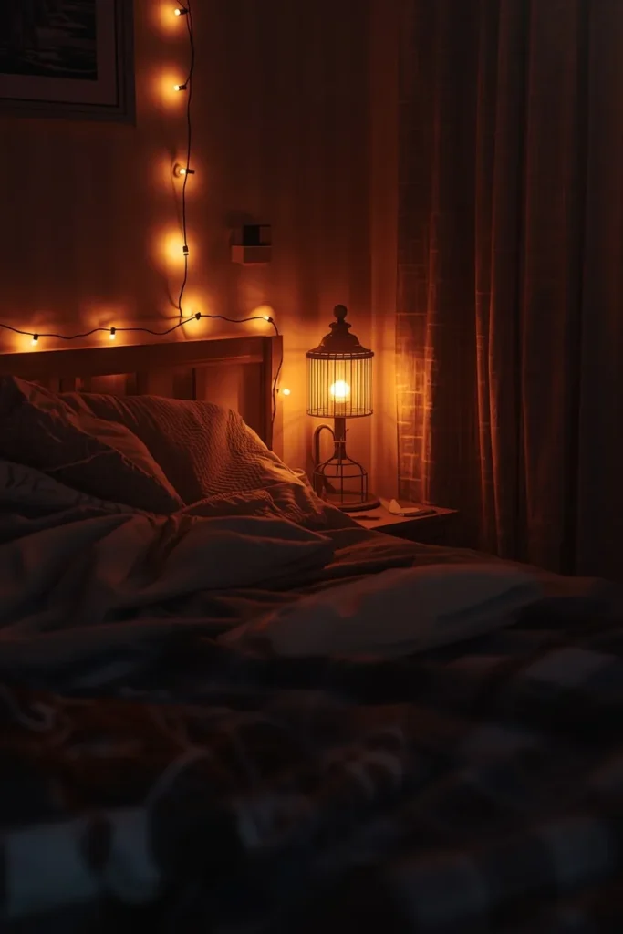 17 Tiny Bedroom Design Ideas for Couples (That Still Feel Romantic) 9 small bedroom at dusk, featuring warm string lights draped along a headboard