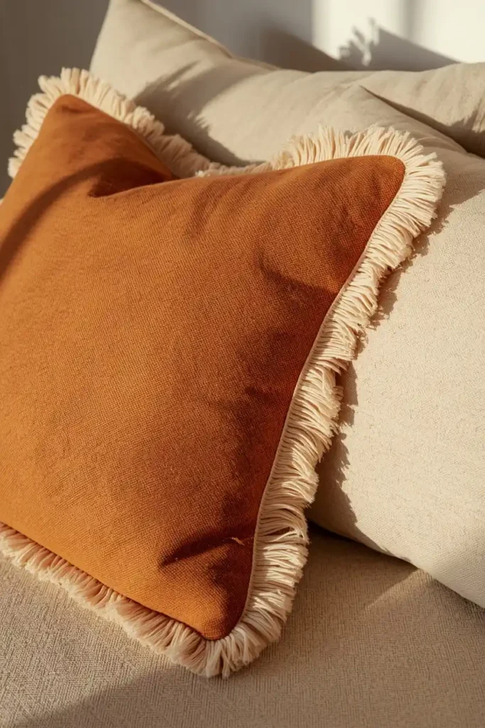 17 Understated Fall Decor Ideas for a Minimal, Modern Home 9 sofa detail shot, featuring one warm caramel linen throw pillow