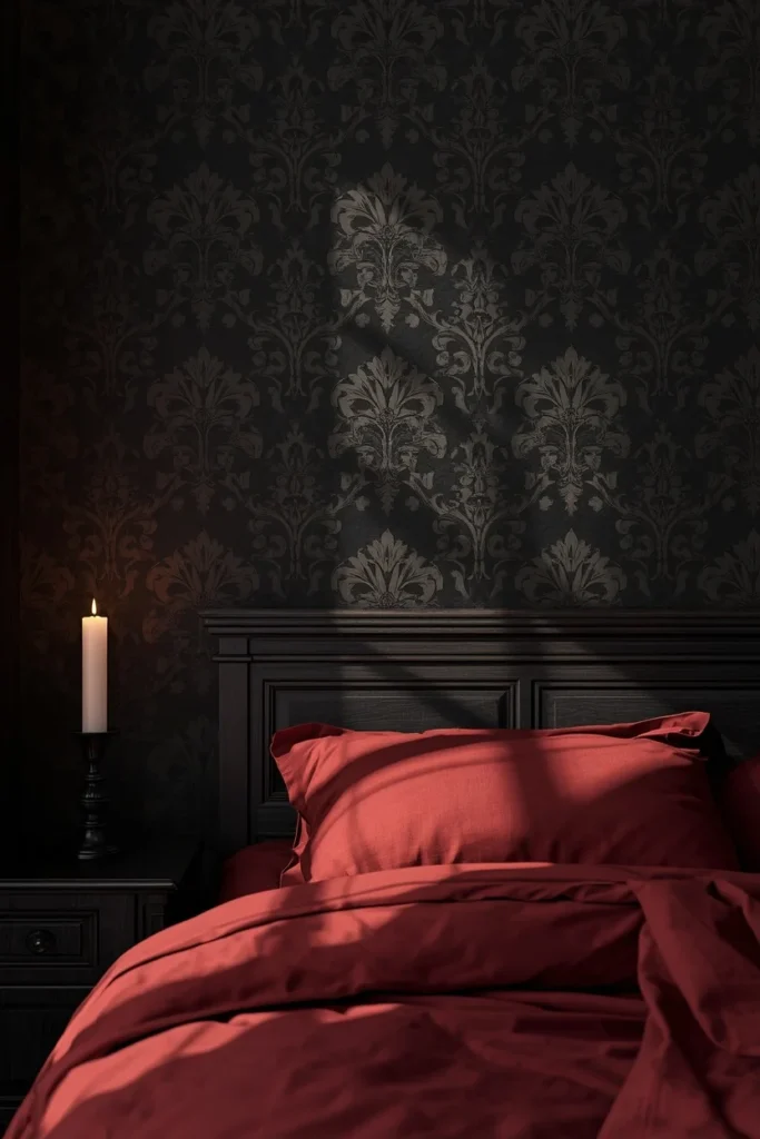 21 Vampy Romantic Bedroom Ideas for a Moody, Gothic-Chic Retreat 9 bedroom wall shot, featuring tone-on-tone black damask wallpaper behind a dark wood