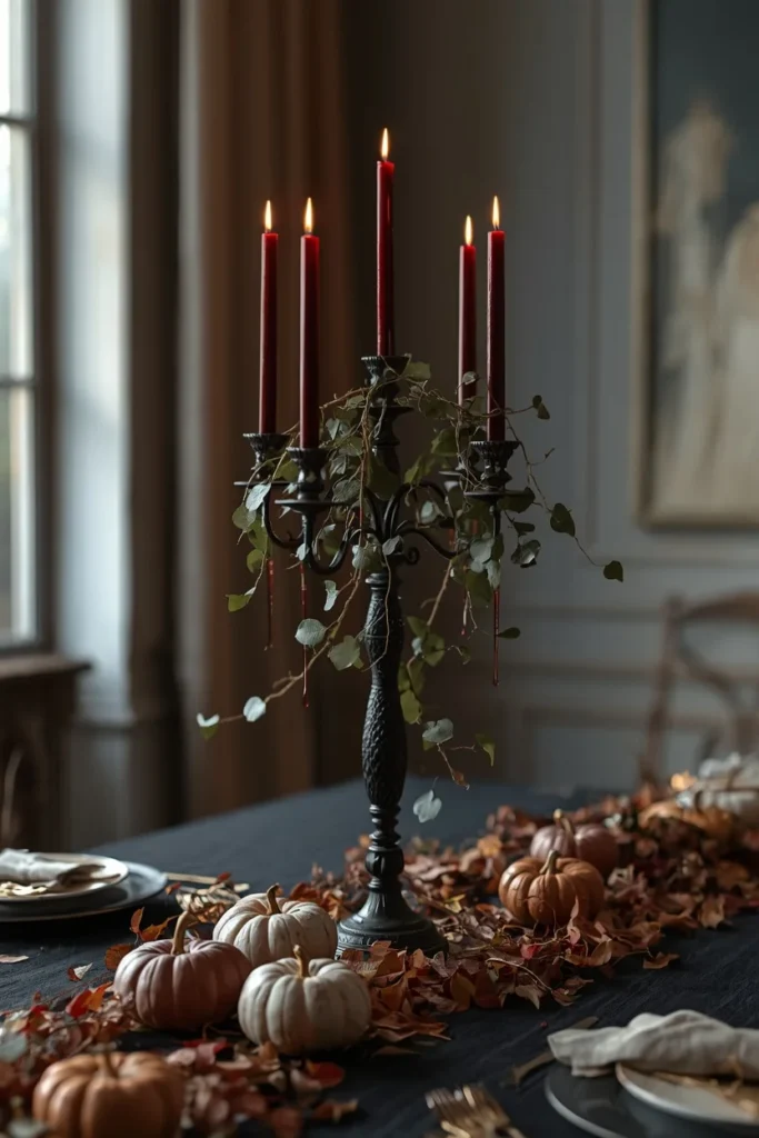 23 Vintage Halloween Decor Ideas That Look Straight Out of an Old Storybook 9 dining table centerpiece, featuring a tall black iron candelabra