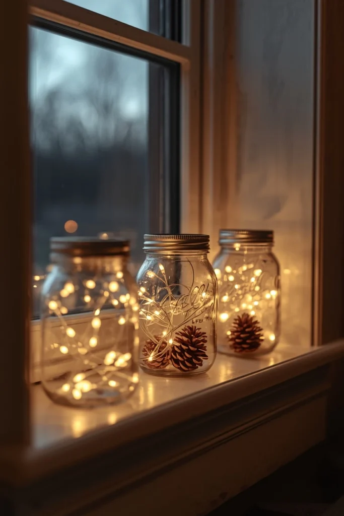 19 Ways to Decorate a Farmhouse Kitchen for Christmas (Cozy, Budget-Friendly Ideas) 9 farmhouse kitchen windowsill, featuring three mason jars