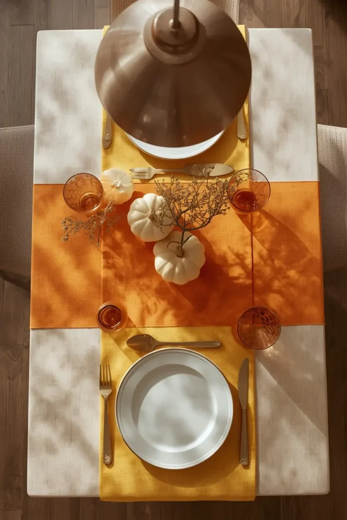 25 Whimsical Halloween Decor Ideas That Feel Spooky and Cute 9 dining table, featuring three layered fabric runners in yellow, orange