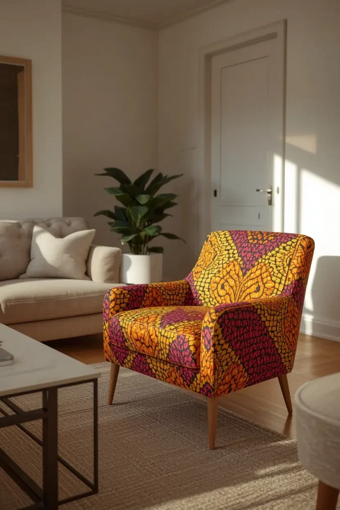 17 Afrobohemian Living Room Ideas That Feel Like a Global Getaway 10 living room, featuring a single accent chair reupholstered in vibrant Ankara wax-print fabric