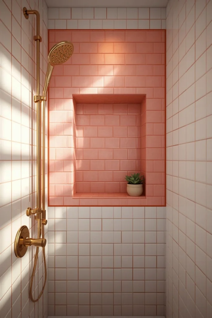 18 Bathroom Tile Ideas That Are Bold Enough to Transform Everything 10 bathroom shower niche, featuring white square tile with bold coral-colored grout
