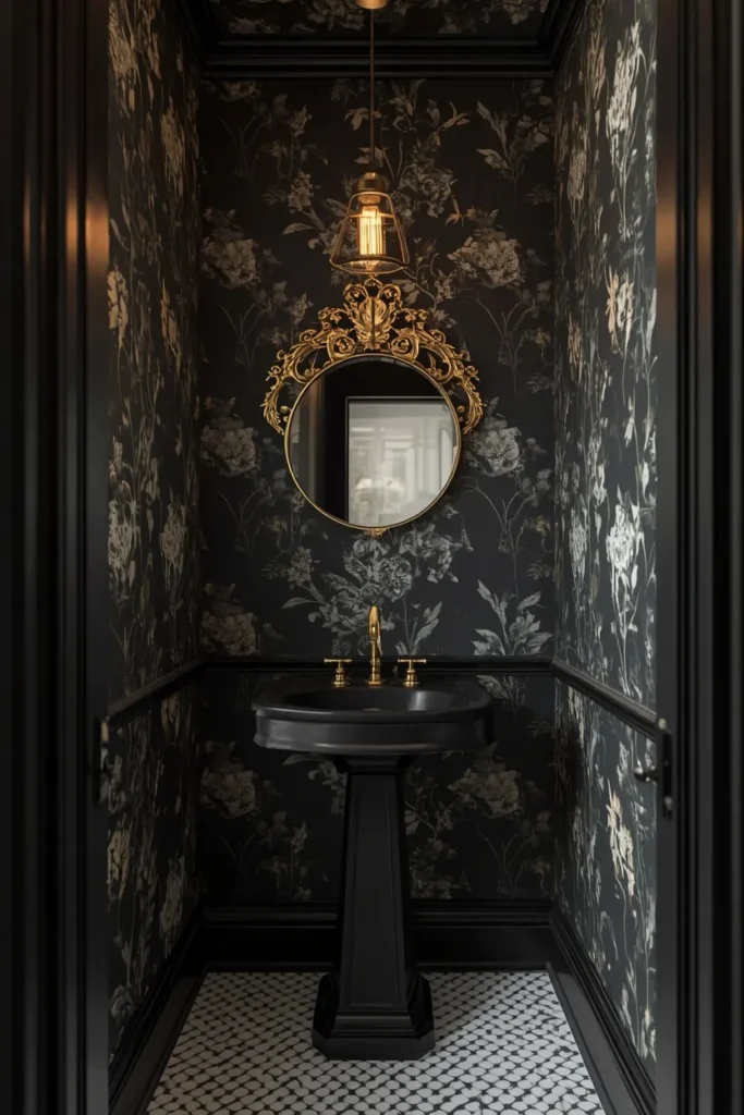 19 Black Bathroom Ideas That Are Dramatic, Chic & Completely Stunning 10 powder room, featuring dramatic black botanical wallpaper covering all four walls