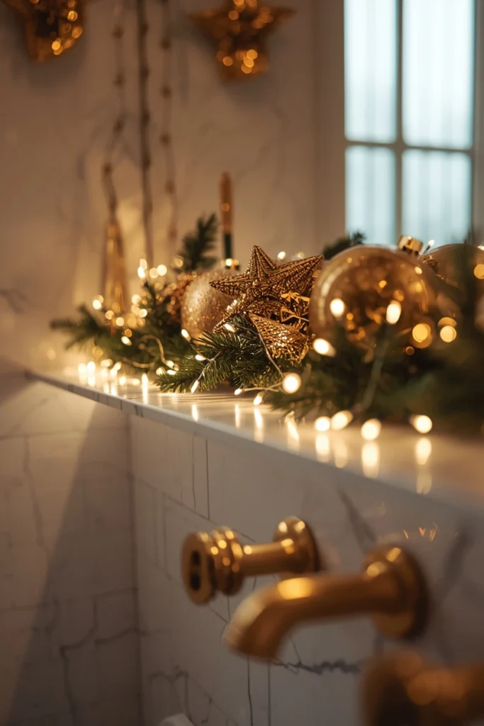  Christmas bathroom, featuring warm white string lights tucked along a backsplash
