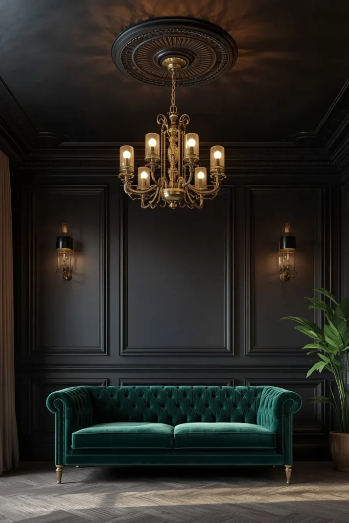  formal living room shot, featuring a matte black painted ceiling above cream walls