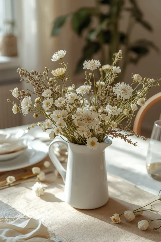 dining table centerpiece, featuring a white ceramic pitcher filled with loosely arranged wildflowers