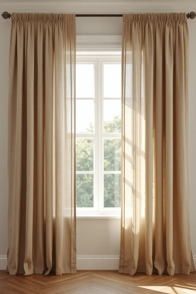 20 Cozy Warm Neutral Fall Living Room Ideas Anyone Can Recreate 10 living room window close-up, featuring full-length oatmeal linen curtains