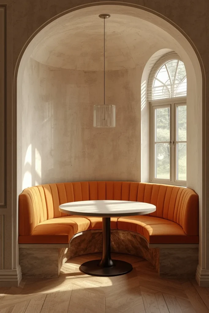 15 Curved Accent Wall Ideas to Soften a Boxy Room 10 dining nook, featuring a curved upholstered banquette bench built into a matching curved plaster wall corner