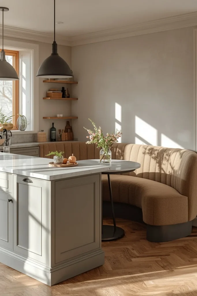  kitchen island shot, featuring a curved banquette wrapping around one end of a large kitchen island, 