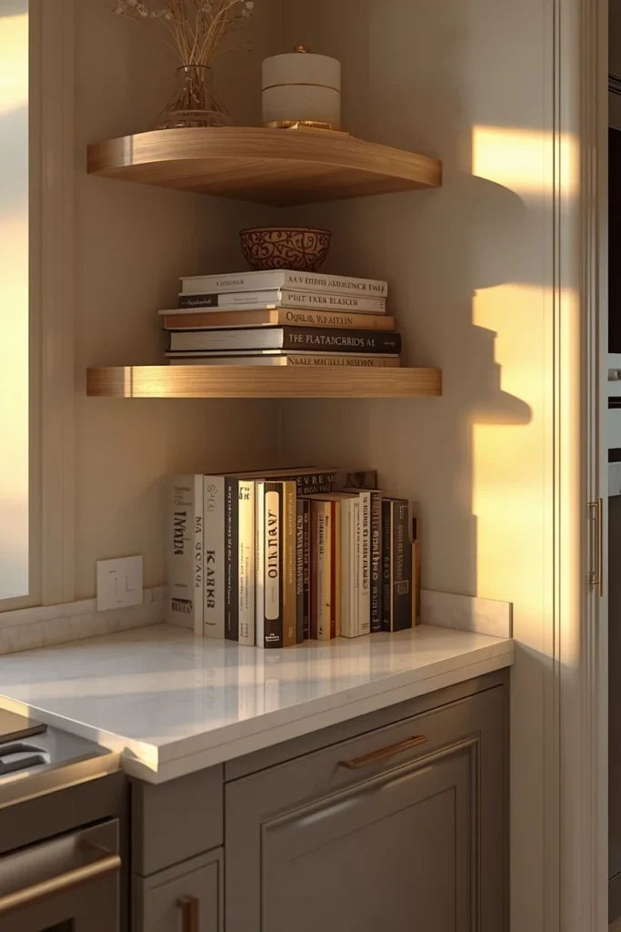 17 Curved Kitchen Peninsula Ideas for Better Small-Space Flow 10 kitchen peninsula end close-up, featuring curved open shelving displaying stacked cookbooks