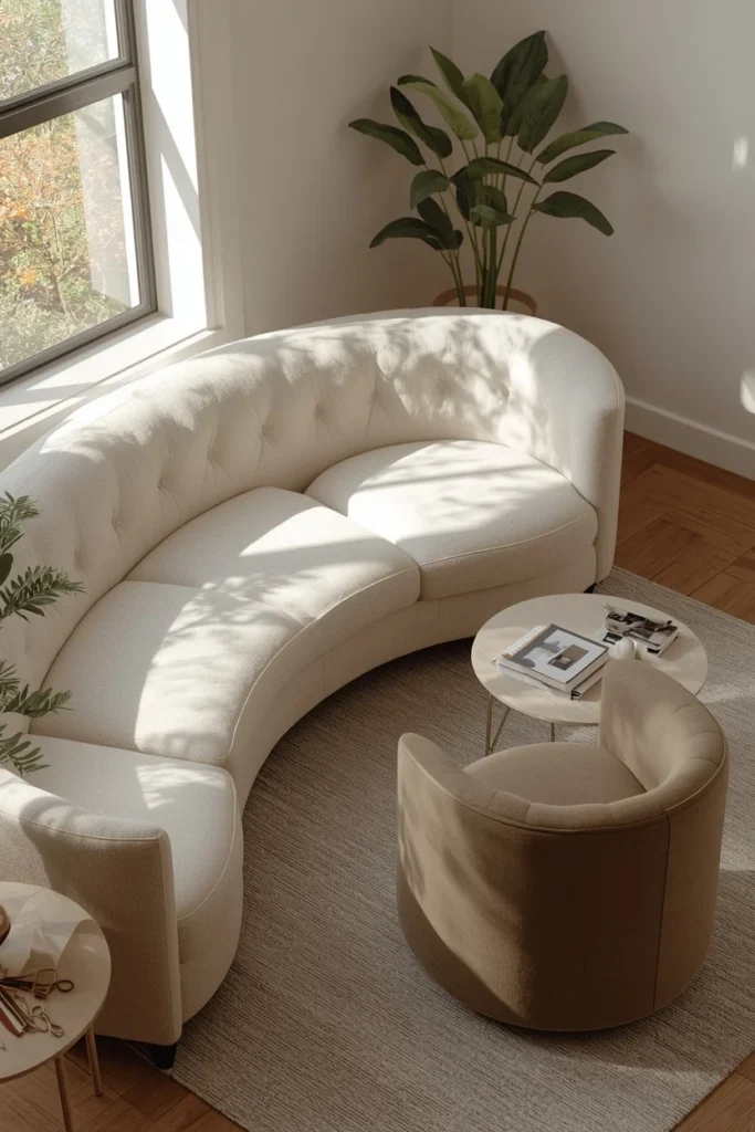  small living room shot, featuring a curved cream sofa paired with a single rounded barrel swivel chair 