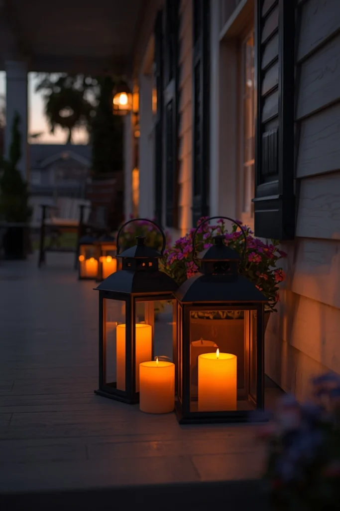 front porch, featuring lanterns with warm amber pillar candles