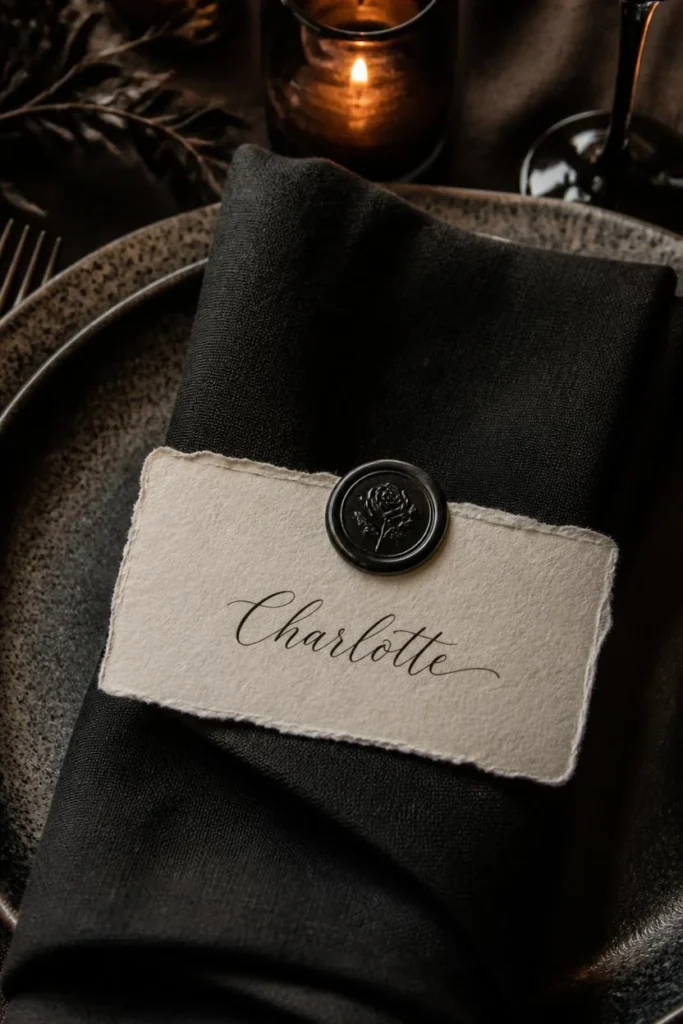 18 Elegant Halloween Dining Table Ideas for a Chic Fright Night 10 place setting close-up, featuring a cream calligraphy place card with a black wax seal resting
