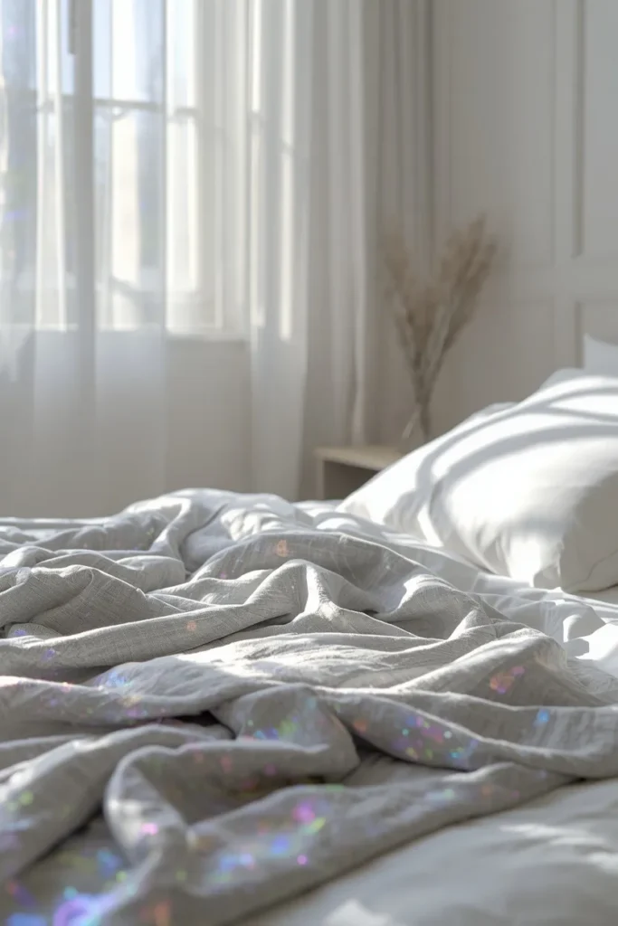  bedroom, featuring a soft iridescent throw blanket draped over plain white bedding