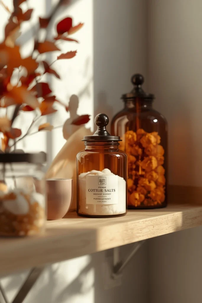 15 Fall Bathroom Decor Ideas for a Cozy Season Refresh 10 bathroom open shelf, featuring three amber glass apothecary jars filled