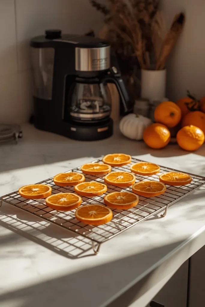  kitchen counter near a coffee station, featuring orange slices drying