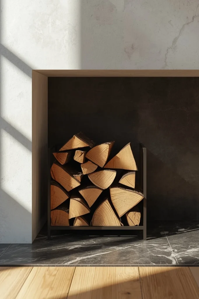 16 Fall Decor Ideas for the Space in Front of Your Fireplace 10 living room fireplace, featuring neatly stacked split firewood contained within a low metal log rack
