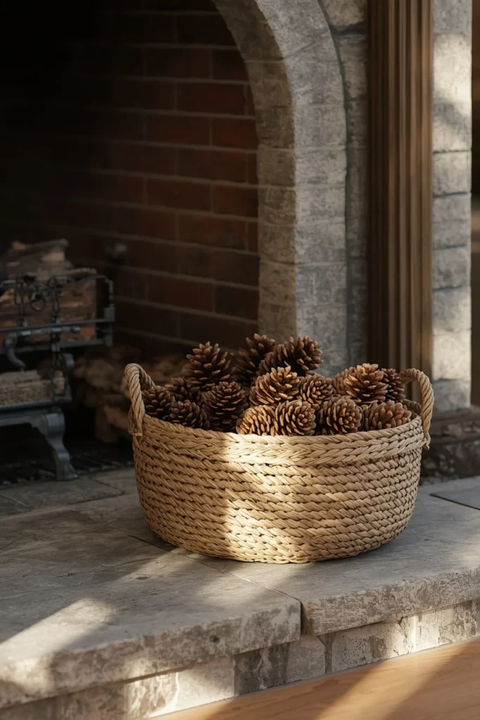 farmhouse living room fireplace, featuring a wide woven basket filled with mixed-size pinecones