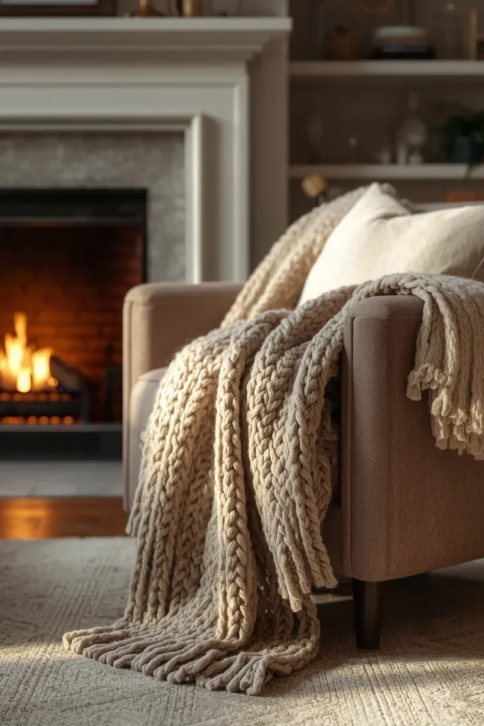  living room seating area near a fireplace, featuring a chunky oatmeal knit throw blanket 