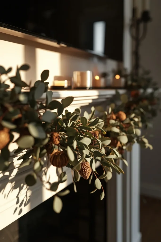 living room mantel, featuring a loosely draped garland of mixed dried eucalyptus, oak leaves,