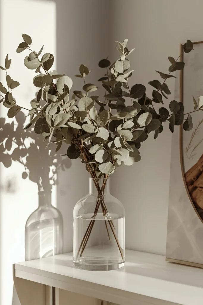  modern living room shelf, featuring a glass vase filled with seeded eucalyptus