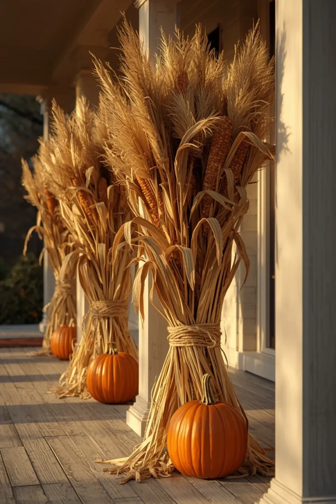 23 Fall Front Porch Decor Ideas Neighbors Will Envy 10 front porch, featuring bundled dried corn stalks tied to porch columns with jute twine,
