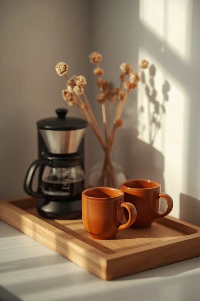 17 Fall Kitchen Countertop Decor Ideas That Feel Cozy, Not Cluttered 10 kitchen coffee station shot, featuring a small coffee maker, two warm earthy-glazed mugs
