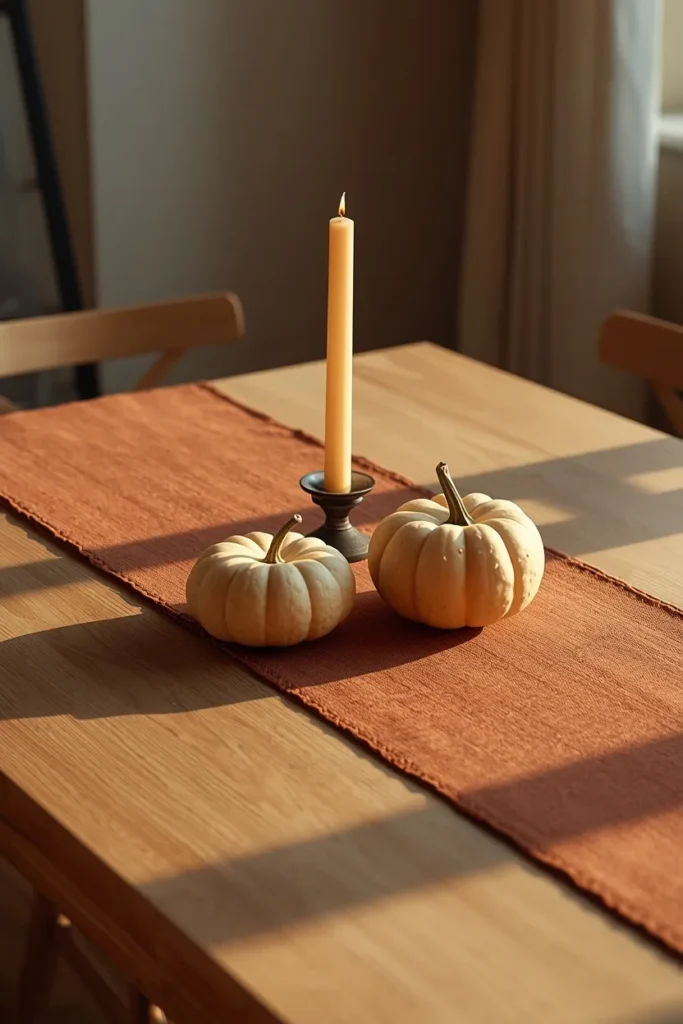 20 Fall Kitchen Decor Ideas That Are Easy to Recreate 10 kitchen table, featuring a rust linen table runner layered under a simple candle