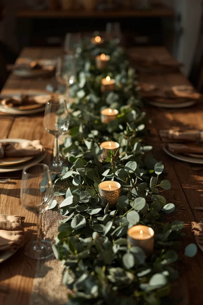 18 Fall Table Setting Ideas for Cozy Autumn Dinners 10 dining table, featuring fresh eucalyptus and fir branches laid as a natural table runner